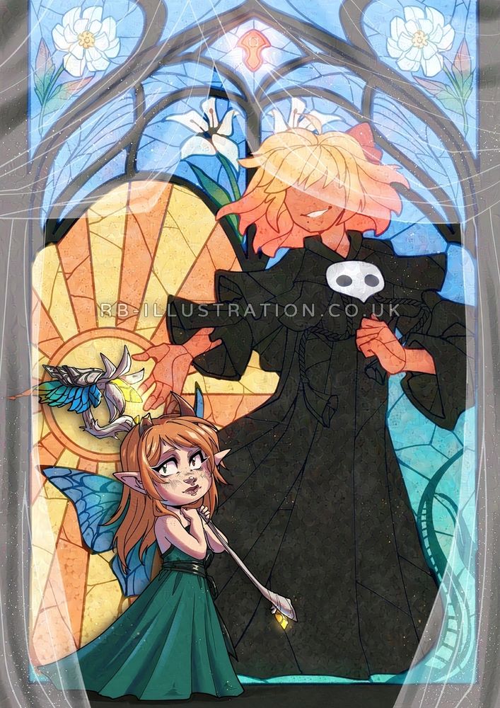 Artwork of a blonde-haired lalafell from FFXIV in a green dress, holding a white staff with blue butterfly wings and golden lights. She stands in front of a tall stained-glass window framed with white gauze curtains. On the window is displayed a young girl in a long black robe with a white mask at her neck, with fluffy blonde hair with a red bow. Behind her is a simple sun, and below her blue butterfly wings to frame Yuyuka. Above her head are two Elpis flowers and the orange Azem stone. The figure on the window is smiling and reaching out a hand towards the staff Yuyuka is holding.