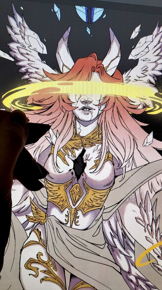 Photo of my tablet screen showing artwork of my aasimar character drawn in the style of a FFXIV lightwarden.