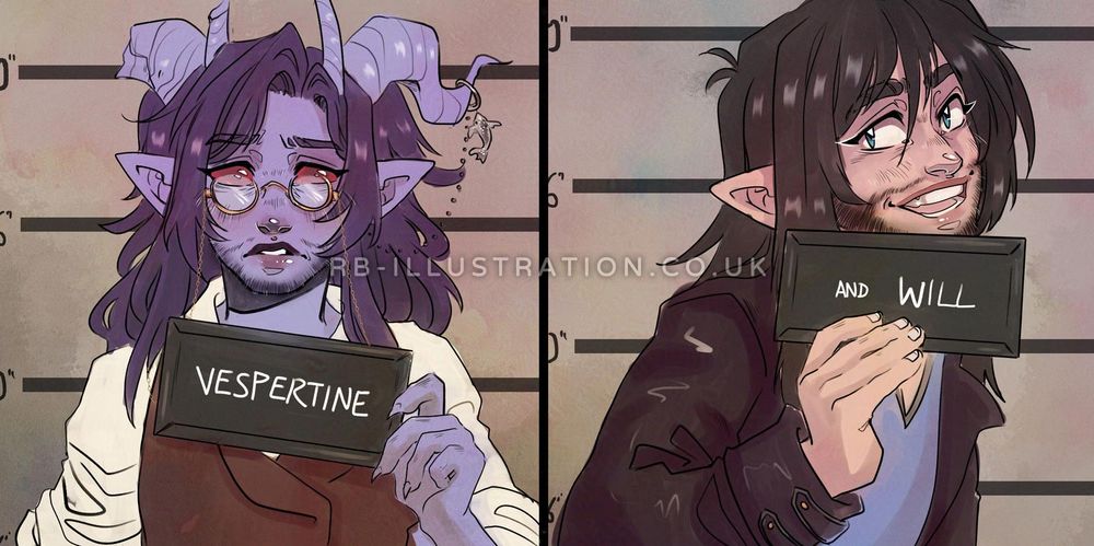 My tiefling wizard Vespertine, a man with purple skin and hair and red eyes, and his husband Will, a half-elf man with pale skin, dark hair and a beard, standing for mug shots in a redraw of the Barbie and Ken meme.