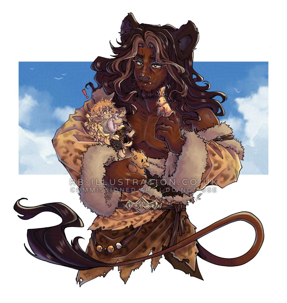 FFXIV art showing a male character who is part-miqo'te (cat person) and part-hrothgar (lion person), with dark brown skin, long dark hair, lion ears and a tail, standing holding a baby lalafell with pale skin and fluffy blonde hair. The man is wearing clothing with leopard markings and fur trim, and is waving a baby chocobo finger puppet at the little girl, which she is reaching out for. In his other hand is a toy chocobo, and he is smiling softly at her.