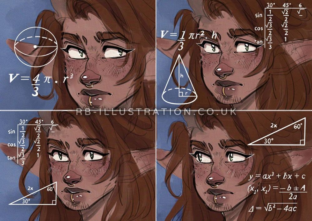 My satyr barbarian Tarron, a man with long brown hair, tan skin, pointed ears and horns, drawn as the meme of a woman thinking with maths symbols around her.