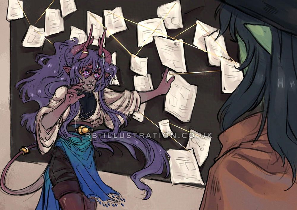 My tiefling sorcerer Esteem, who has grey-and-pink skin, long purple hair, six horns and a long fluffy tail, standing in front of a board covered in papers in a redraw of the Pepe Silvia meme from It's Always Sunny in Philadelphia. His friend, Valentine the half-orc, looks on.