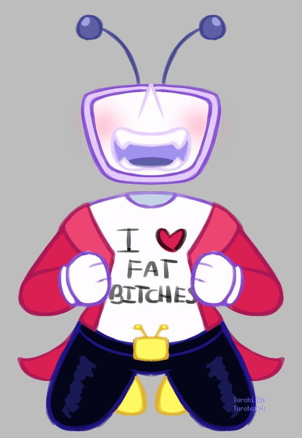 Colored sketch of Tenna from Deltarune on his knees dramatically opening his suit jacket to reveal a t-shirt reading "I heart fat bitches."