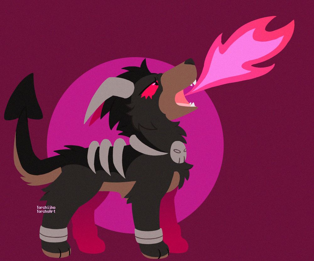Lineless art of a Houndoom OC standing boldly while breathing pink flames. She has longer fur & a sort of dark mane running down the back of her head. Her eyes are pink with prominent eyelashes. Her horns curve back at an angle, & her tail is thick & has a crook in it.
The limbs in the background are blocked out in dark pink & there's a layer of visual noise over the image.