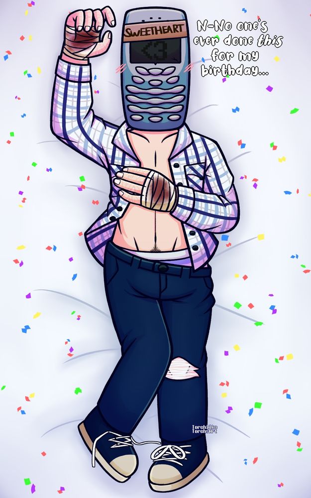 Randy lying on his back on vague bedsheets with confetti scattered around. His shirt is unbuttoned & pulled open & his jeans are tugged down on one side. One hand is resting on the bed, the other on his torso. One of his legs is bent in sort of awkwardly. 

He says "N-no one's ever done this for my birthday..." blushing, with a heart emoticon on his screen.