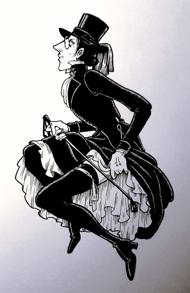 Ink drawing of a person in a Victorian riding habit, hitching their skirts up provocatively.
