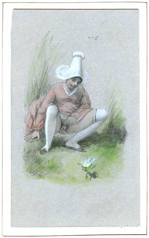 Naughty drawing by a 19th century artist Victor Adam. It shows a village lady in a fancy folky bonnet, pink dress and white stockings, crouching with heer goods all out and taking a piss. She's quite the sharpshooter as the pee hits a startled frog in front of her. She seems quite amused.