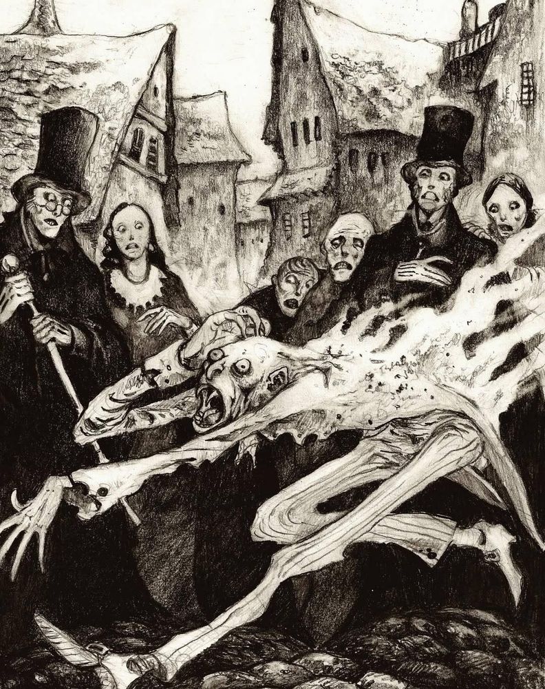 A black and white drawing in an exagerrated expressionist style. A Nosferatu-type vampire is running in panic through town in broad daylight. He's on fire. A crowd of people in top hats and crinolines look on in terror. Several small town buildings loom in the background. The author is Hernán Conde De Boeck, a contemporary illustrator from Argentina.
