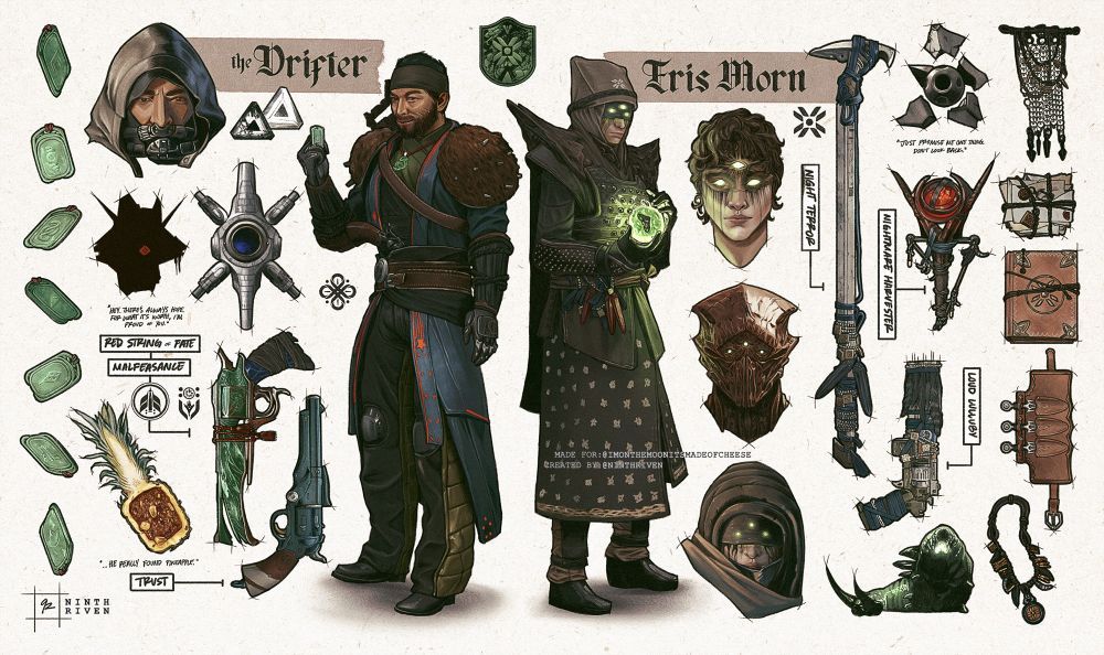 Refsheet by @ninthriven depicting the Drifter and Eris Morn from Destiny 2 made for @imonthemoonitsmadeofcheese for the May Mixtape writing series on Ao3: https://archiveofourown.org/series/4800154  
The two characters are depicted with their faces in different forms and outfits as well as their main weapons and several items specific to them around them, including Eris' mementos from her fireteam, the Drifter's coins, a hive worm, a pineapple, and both of their ghosts (the Drifter's ghost is in shadow and Eris's ghost is in pieces).  