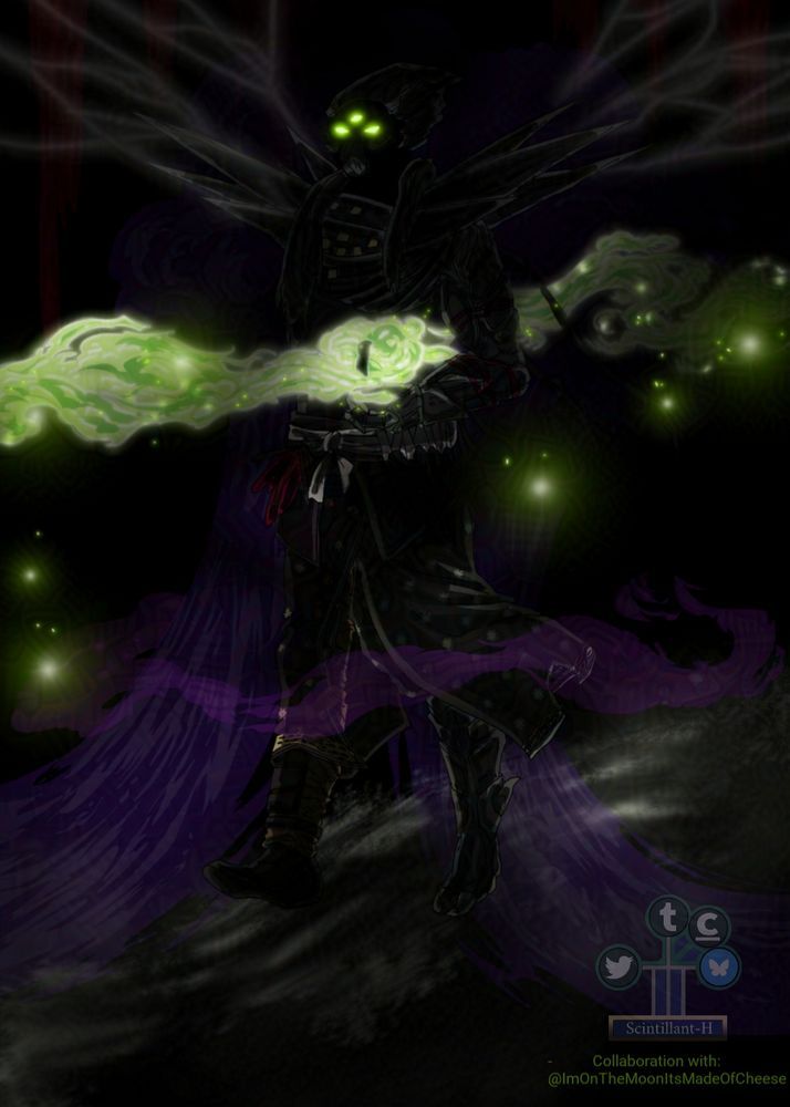 Art by @scintillant-h.bsky.social of Eris Morn walking in a dark area lit by the glow of her Ahamkara bone, her eyes, and the stars. 