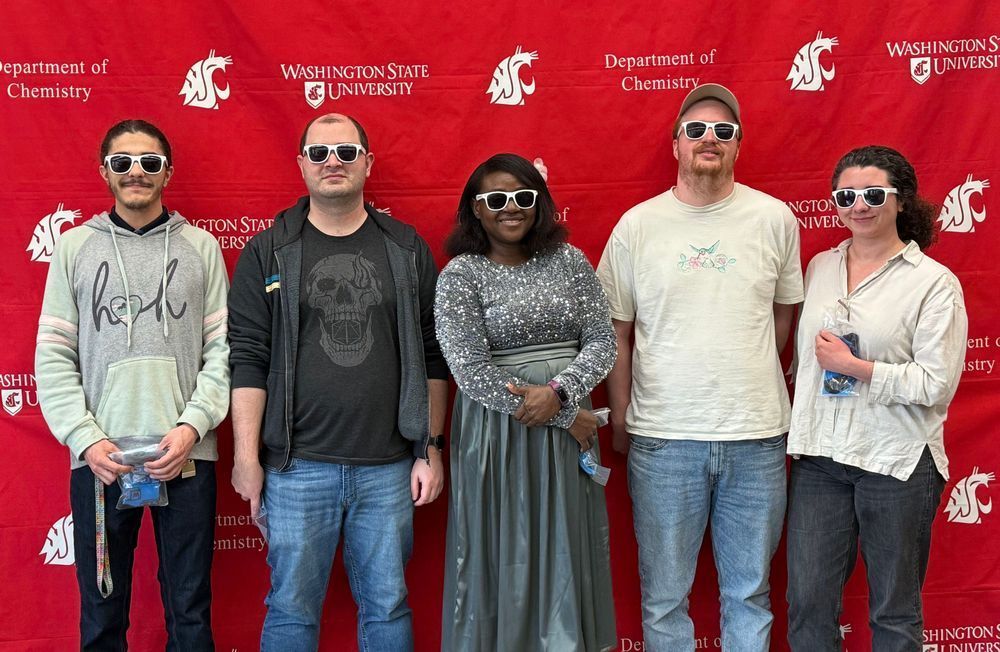 WSU Chemistry Spring 2025 Graduates, left to right: Benjamin Rooney-Sailand, MS; Peter Jensen, MS; Fatima Ewrujakpor, PhD; Cullen Greer, PhD; Hannah Johnson, PhD.