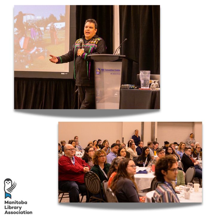 The top photos shows award-winning writer, Niigaan Sinclair at the podium speaking to the audience.
The bottom photo shows an audience of library workers listening.