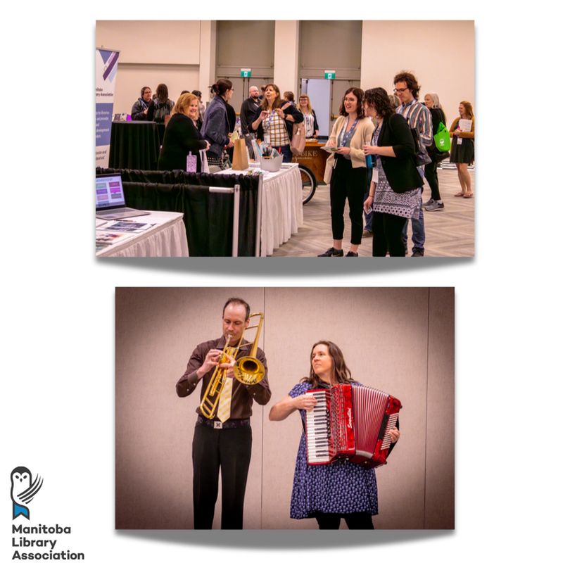 The top photo shows people speaking to each other at the trade show. 
The bottom photo shows Ian Cherry playing the trombone and Anne-Marie Williott playing the accordian.