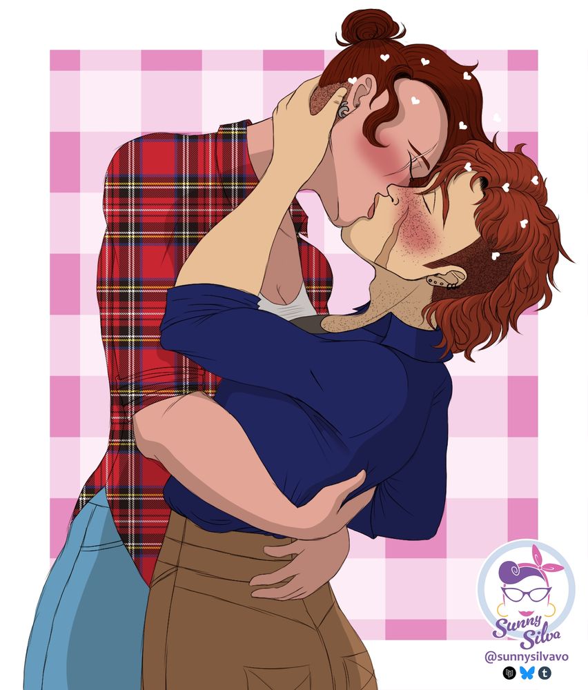 My character Saige and my friend Bucket's character Evander kissing. She is considerably taller than him and has to bend down to kiss him on the lips, she is holding him by the waist and back with both hands. Evander is pressed against her, gently holding the back of her neck and they're both blushing.