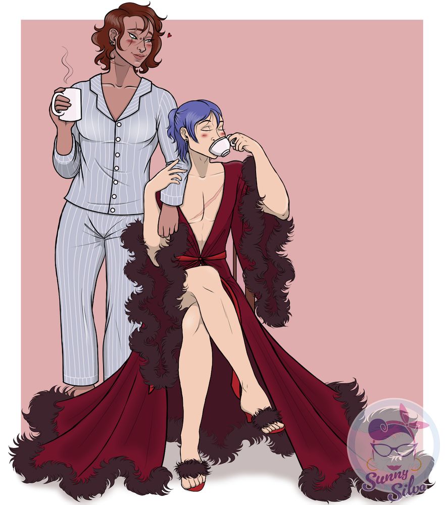 My OC Saige and Balor from Fields of Mistria having a cute moment. She's dressed in the old man pyjamas holding a mug of coffee and looking at him adoringly while Balor in sitting down in this extravagant and luxurious red robe adorned with feathers, holding her arm and sipping on a cup of coffee.