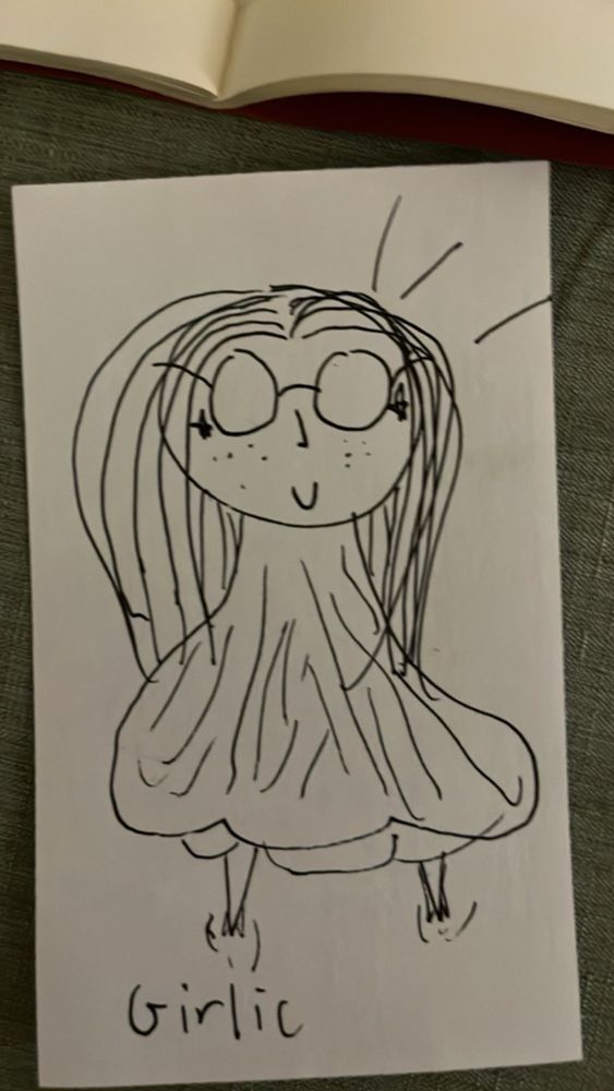 A simple line cartoon of a girls head on a bulb of garlic. She looks pleased with the situation. 