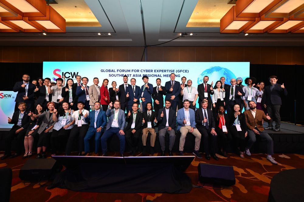 A group photograph of participants at the GFCE Southeast Asia Regional Meeting during the Singapore International Cyber Week 2025.