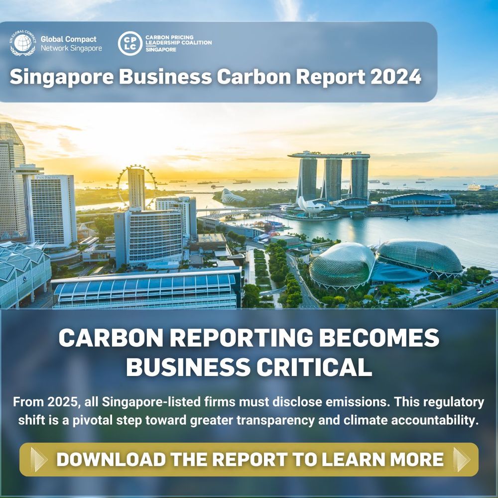 An image of the Singapore skyline, overlaid by the title of the report: "Singapore Business Carbon Report 2024", and a description: "Carbon reporting becomes business critical. From 2025, all Singapore-listed firms must disclose emissions. This regulatory shift is a pivotal step toward greater transparency and climate accountability. Download the report to learn more."