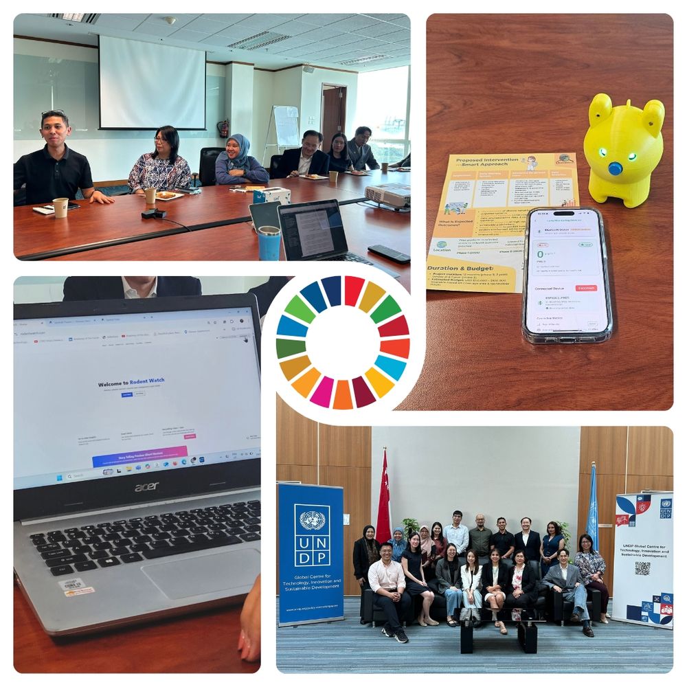 A collage of four photos with the SDG wheel in the middle. In a clockwise direction, the first photo shows discussions ongoing in a room, the next photo shows a monitoring device in action and the user interface of its associated mobile app. The third image is a group photo of all participants of the exchange, while the last image shows the interface of one of the presented solutions, "Rodent Watch", on a laptop screen.