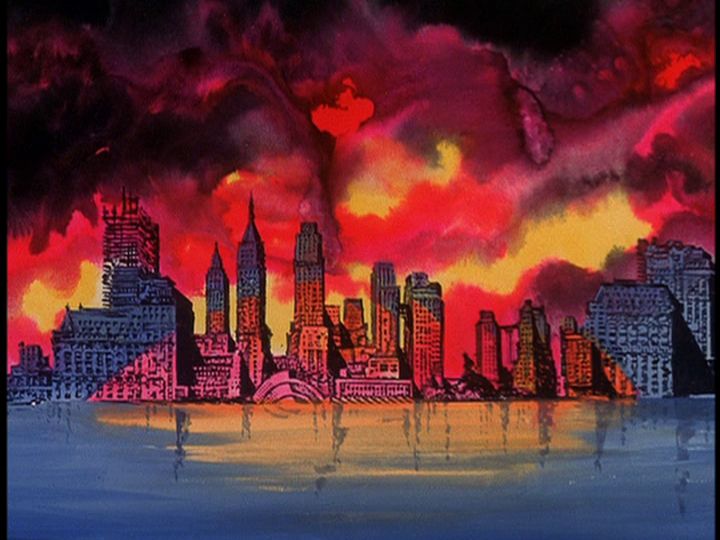 More screenshots from the 1967 Spider-Man animated series. Watercolor illustration of New York's skyline, with xerox lines of the buildings taken from a photo. 