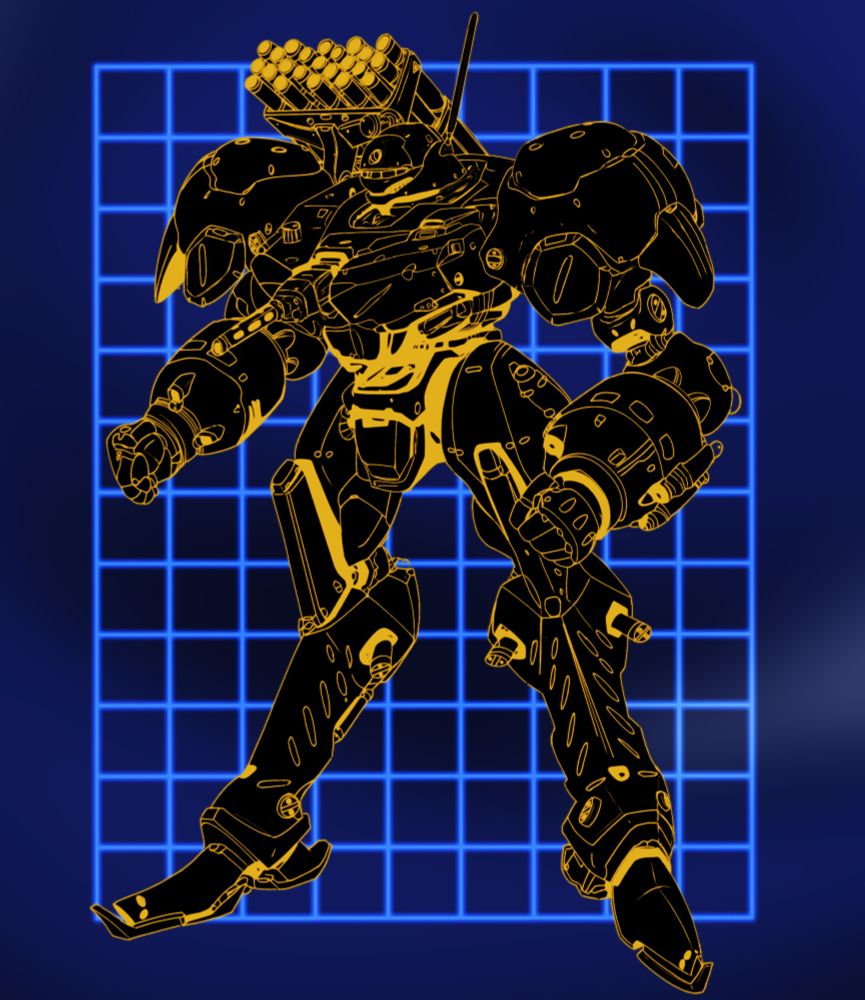 An illustration of a mech from the Armored Core games, rendered with gold lines and a black fill on a glowing blue grid with a darker blue background. 