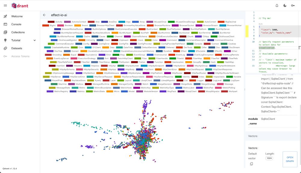 Qdrant visualization of vector embeddings as 2D points. Each point is colored according to Effect modules (e.g. "Fiber", "HttpClient", etc.)