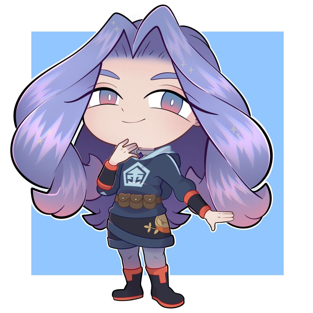 A chibi illustration of Melli from Pokemon Legends Arceus. It has a blue background.
