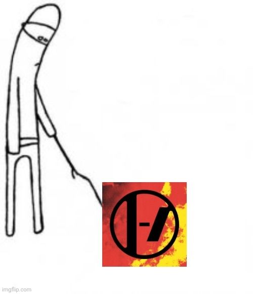 "poking a stone with a stick" meme but the stone is the clancy era twenty one pilots logo.