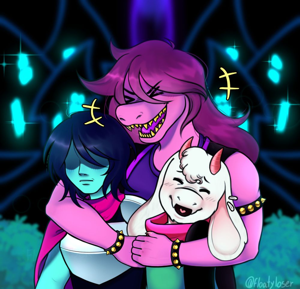 A digital illustration of Deltarune, showing Susie hugging Kris and Ralsei while laughing, in front of their Castle Town in the Dark World. Uma ilustração digital sobre Deltarune, onde Susie abraça Kris e Ralsei enquanto ri, na frente de Castle Town no mundo sombrio deles.