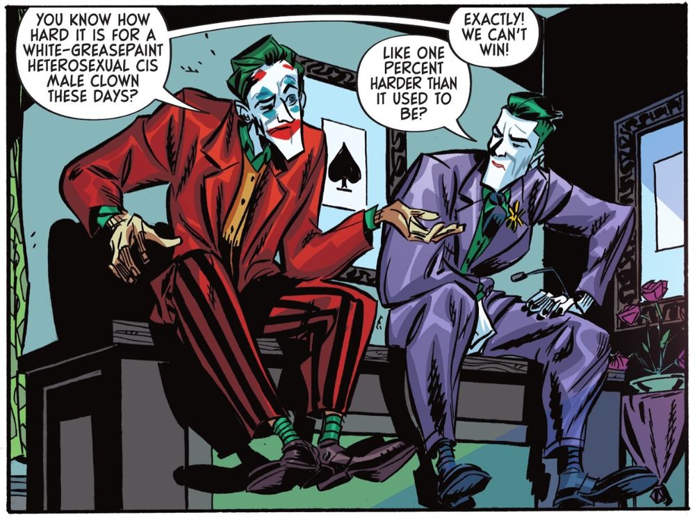 Um quadrinho onde dois Coringas conversam entre si num escritório. Um de terno vermelho e outro de terno roxo.