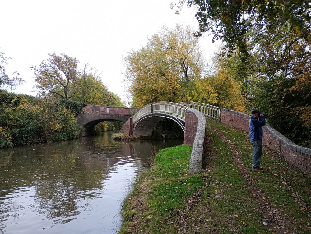 A canal with a brick bridge ahead and a cast iron bridge over a side loop
