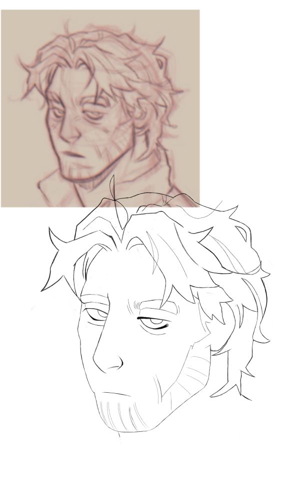 A black and white headshot of Curly from the game Mouthwashing.  His eyes are half-closed as if exhausted and his hair is messy, with a split in his hair at the back of his head and random strands of hair sticking up from the top and sides of his head.

In the top left corner, there is an insert of a picture of Curly that I did not draw.

In the bottom center, there is my recreation of that headshot as part of my study.