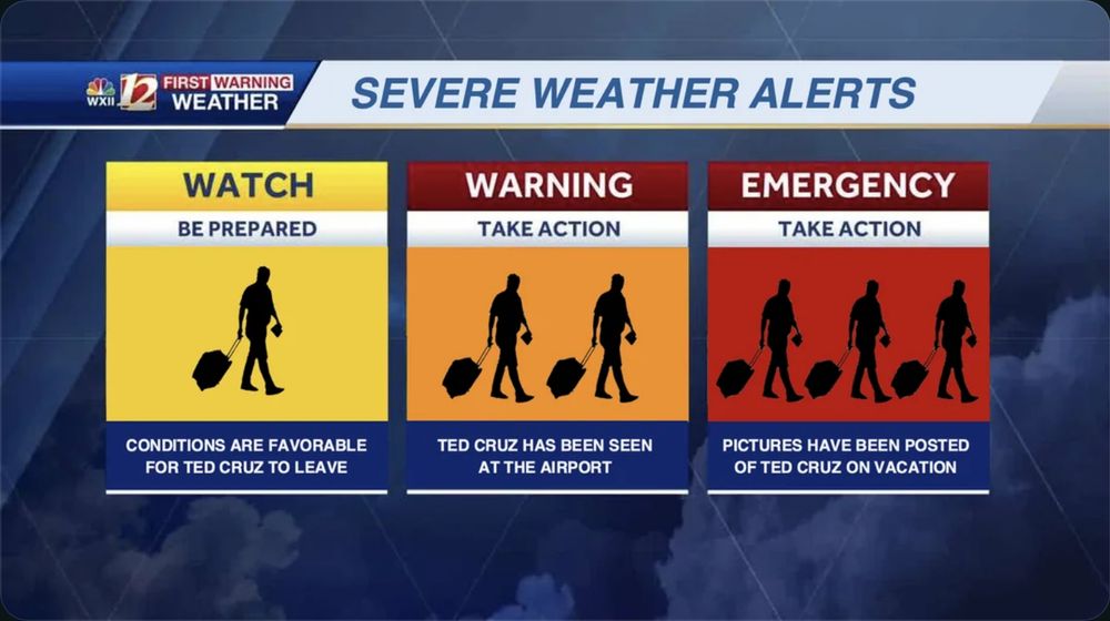 a fake television weather graphic using Ted Cruz and his travel for how dire the weather will be.