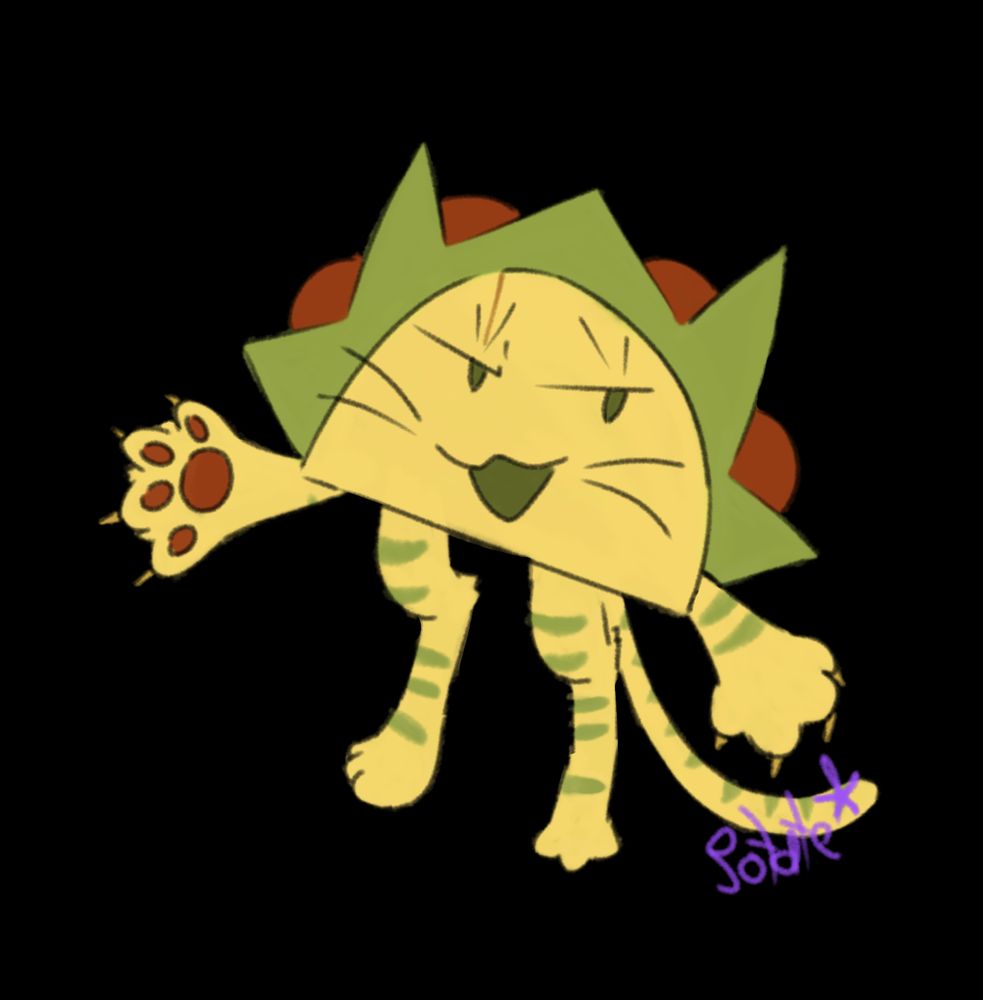 A digital drawing of Taco from Inanimate Insanity, but with cat-like striped limbs, a tail, whiskers, and cat ear-shaped lettuce. She is raising her right paw upwards slightly.