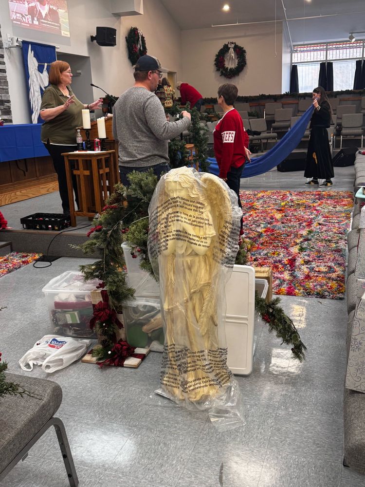 One white angel wrapped in plastic awaiting decoration for Advent. 
