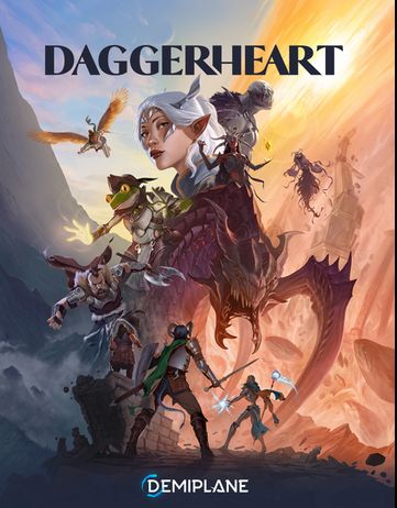 Portada del manual de rol Daggerheart que muestra a un gran número de héroes de fantasía enfrentándose a diversas criaturas.