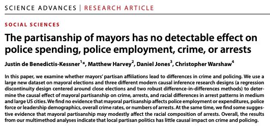 Abstract of article titled "The partisanship of mayors has no detectable effect on police spending, police employment, crime, or arrests"