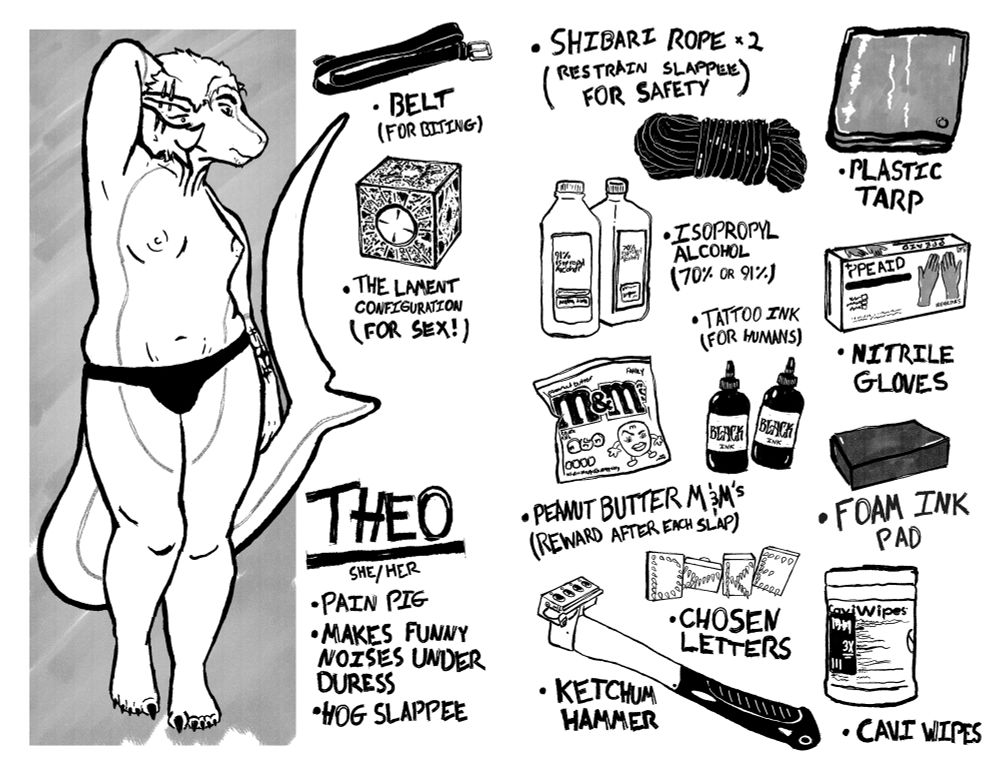Sheet spread consisting of objects suggested and needed for a “hog slap” tattoo procedure. 
Featuring an anthropomorphic character who is seeking the procedure. 
