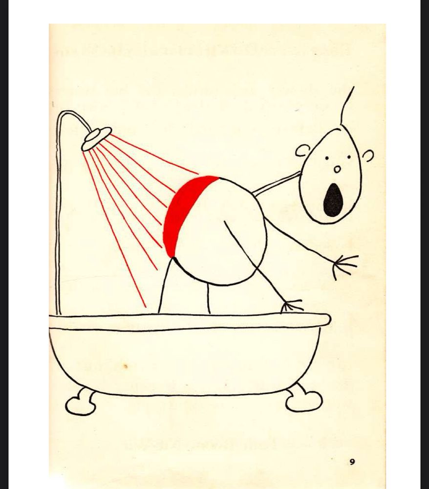 A stick figure style drawing of a human standing in the shower. His round body has a bright red back from the hot water hitting it out of the spigot. His face has a round black open mouth indicating surprise 