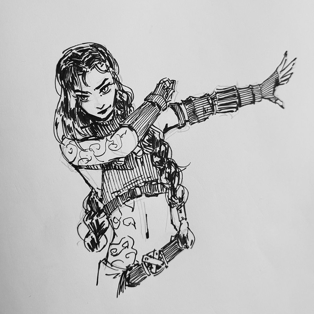 Ink sketch of Jinx with her arm outstretched, miming the gacha mechanism on Sevika’s arm.