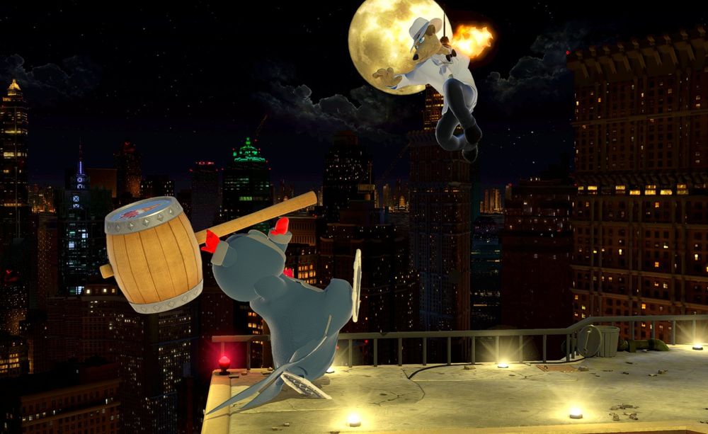 From left to right: Polar Penguin about to use his Ice Cream Hammer as he is about to get power dunk'd by Dex Dogtective
