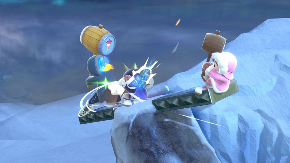 Polar Penguin uses his large Ice Cream hammer against the Ice Climbers, Nana and Popo.