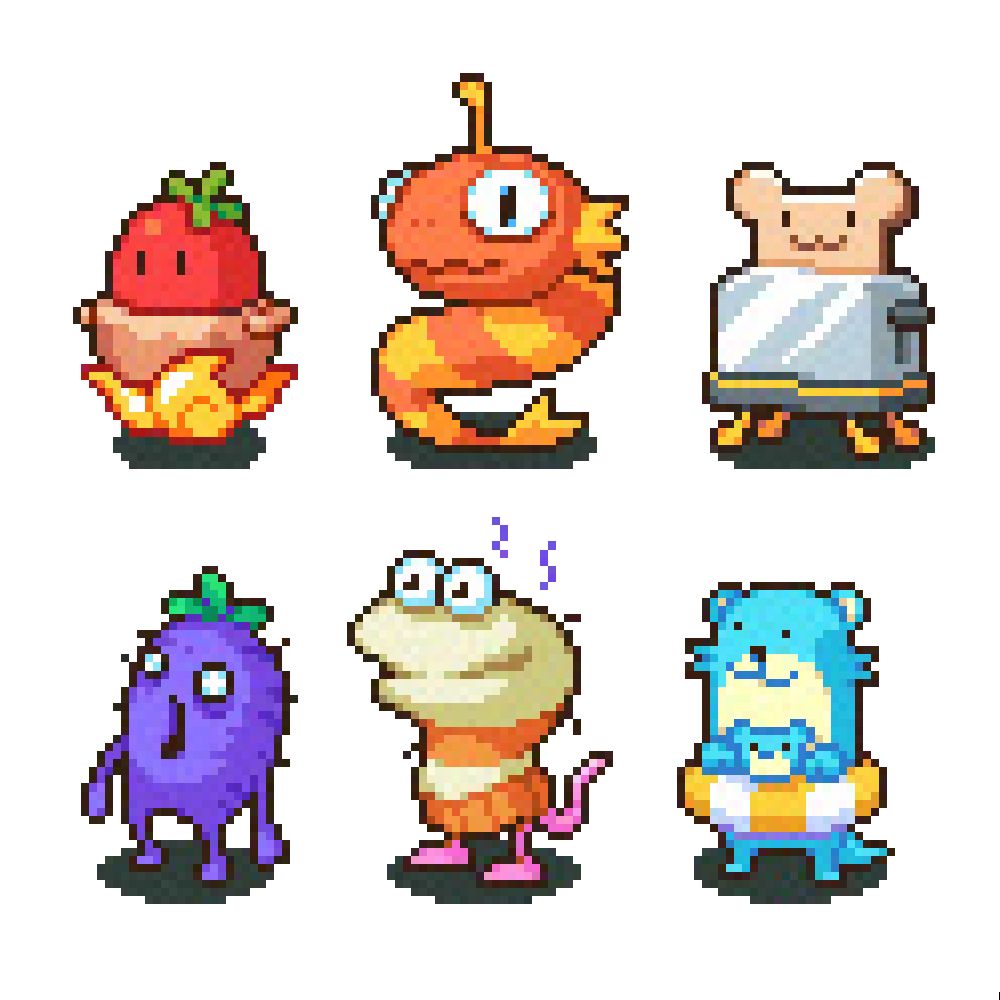 six sprites from Moonstone Island. 
1: a red pepper in a hot pot over a flame
2: an orange and yellow striped snake thing
3. a toaster with a piece of bread sticking out, which has mouse ears and a little face
4. a cursed zombie-looking purple vegetable
5. a stinky sock with legs, a face, and a rat tail
6. an otter in an inflatable tube with a baby otter in its paws