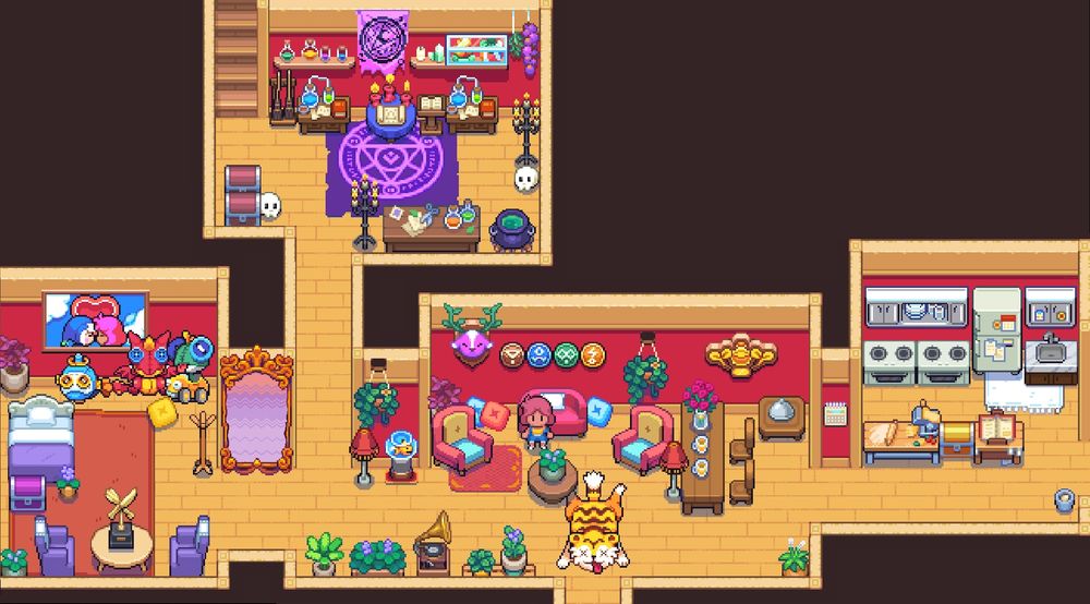 a screenshot of the home in Moonstone Island, with lots of custom pixel art that blends right into the game's art style. in the centre is a tiger rug designed to look like Bittybolt, a tiger-like Spirit from the game