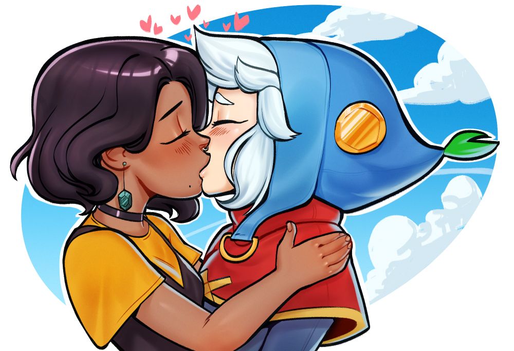 a hand-drawn image of Gaiana from Moonstone Island passionately kissing the alchemist from Moonstone Island. Gaiana is a woman with warm brown skin, a short black bob, a yellow t-shirt, and a black tank top over the top, with a black choker and dangly emerald earrings. She has her hand on the alchemist's shoulder. The alchemist has white hair poking out of a blue hood, with a red cowl and pale skin. There are hearts coming out the top of their heads, and a blue sky with clouds in the background.