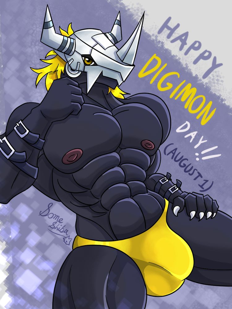 Blackwargreymon stripped to his yellow speedo briefs