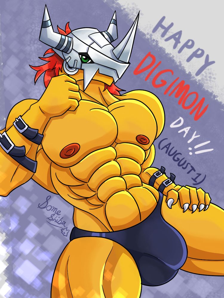 Wargreymon stripped to his black speedo briefs