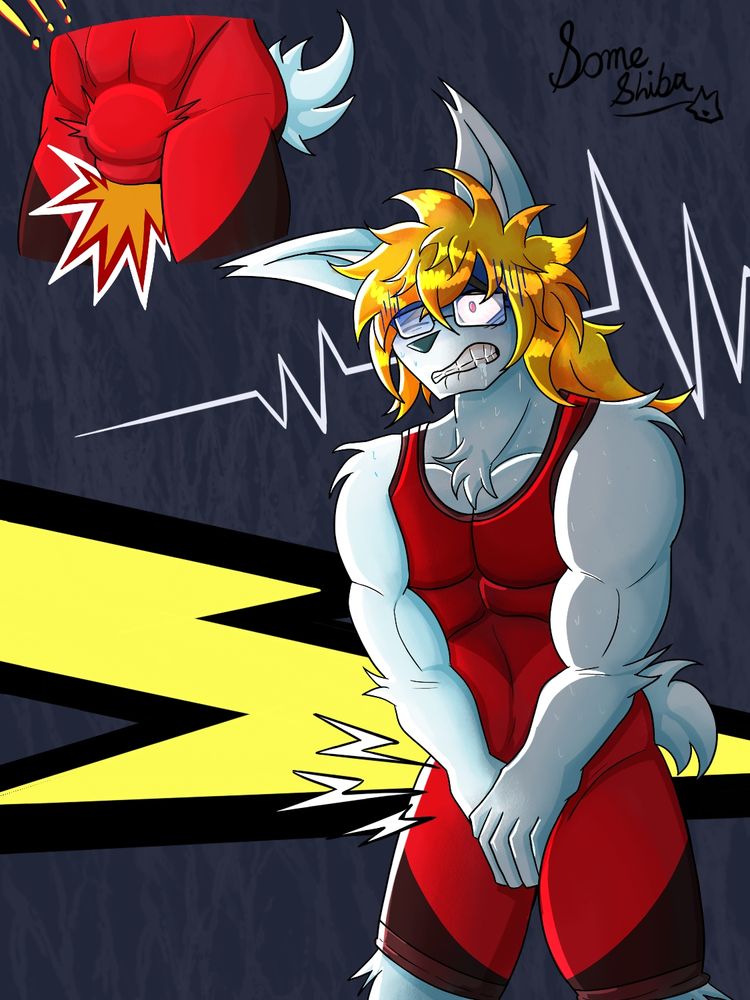 Eins, the rabbit sona of Rumi, wearing a red singlet but suffered ballbusting, resulting in him clutching his bulge tight in pain.