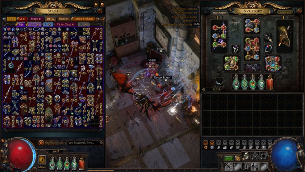 A screenshot of Path of exile showing a nearly full quad stash tab with a wide variety of unique, fractured, synthisized, and other league specific items strewn about.