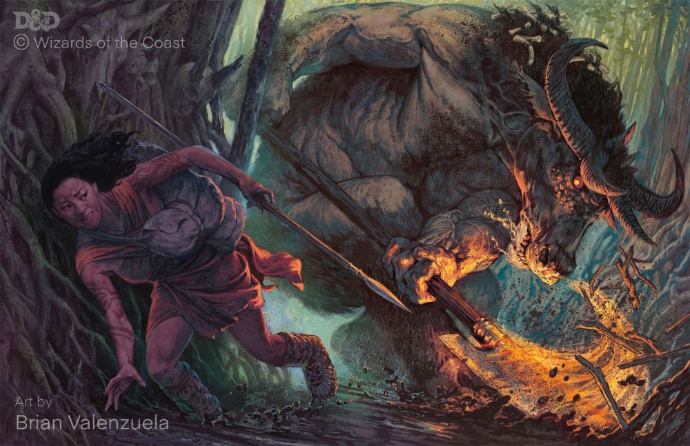 A rampaging Minotaur chasing an explorer through a forest labyrinth.